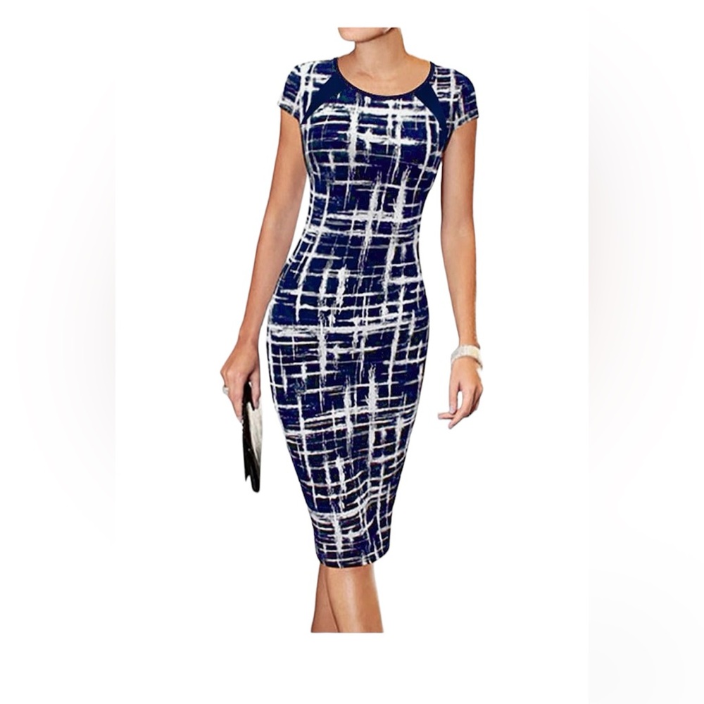 Ladies Blue White Bodycon Stretch MIDI Casual Dress Like New Zip back sz S